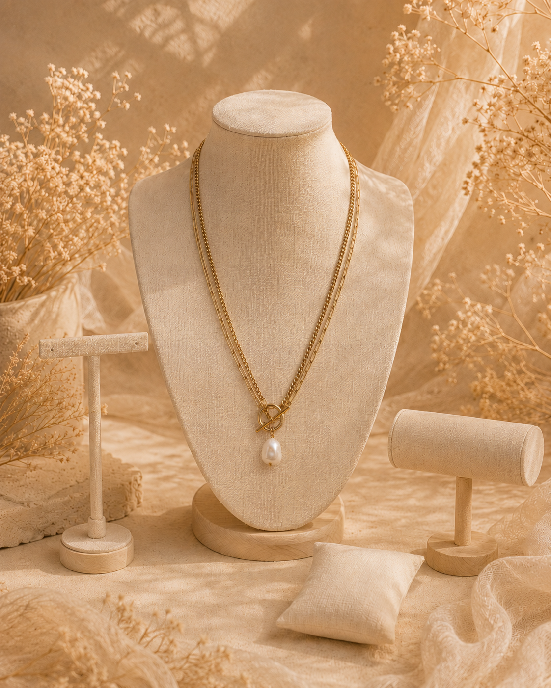 Collier Nacréa – Double chaîne dorée & perle nacrée