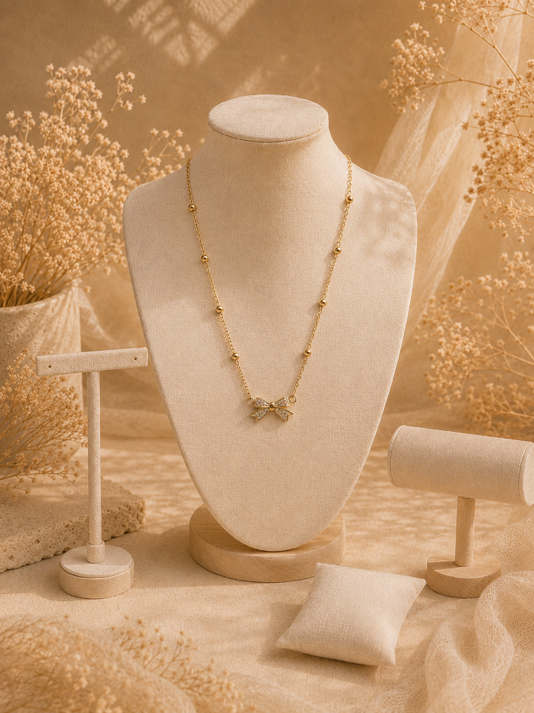 Collier Nœud Lumière – Chaîne dorée perlée & pendentif nœud scintillant