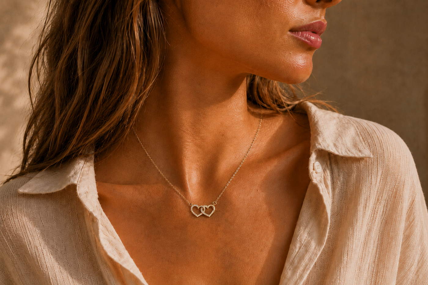 Collier Cœurs Entrelacés – Double Cœurs dorés & éclats lumineux