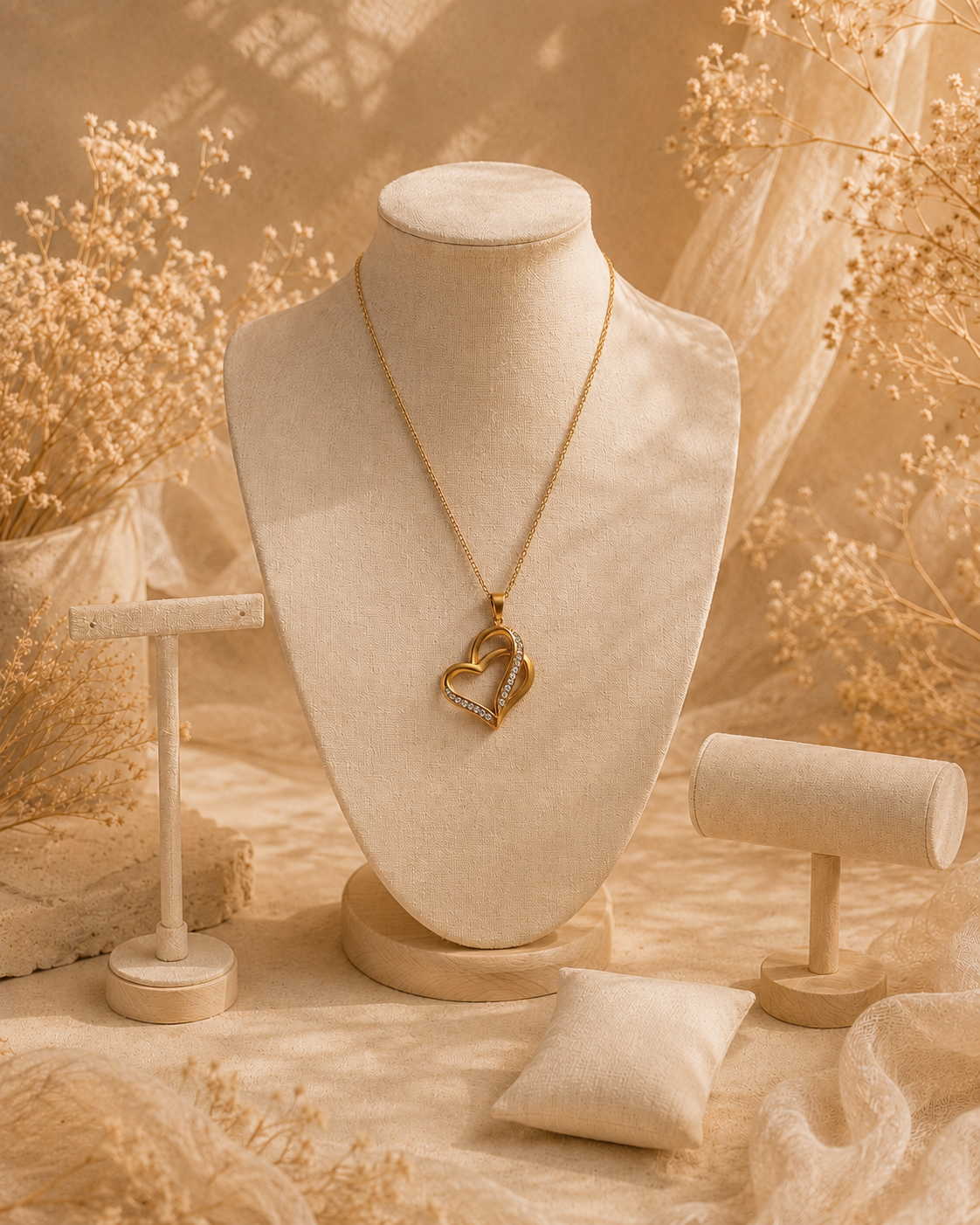 Collier Cœurs Liés – Pendentif double cœur doré & éclats lumineux