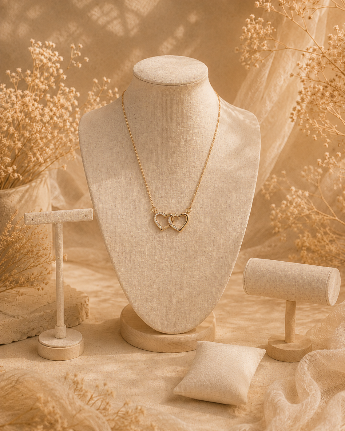 Collier Cœurs Entrelacés –  Double Cœurs dorés & éclats lumineux