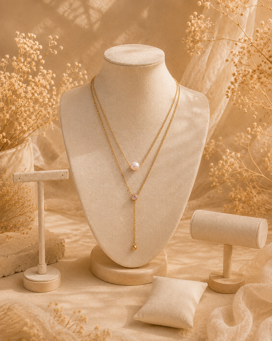 Collier Perle Nacrée – Double chaîne dorée, perle & pierre nacrée