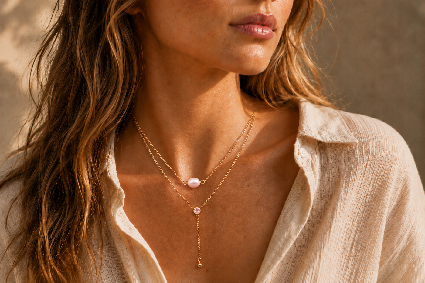 Collier Perle Nacrée – Double chaîne dorée, perle & pierre nacrée
