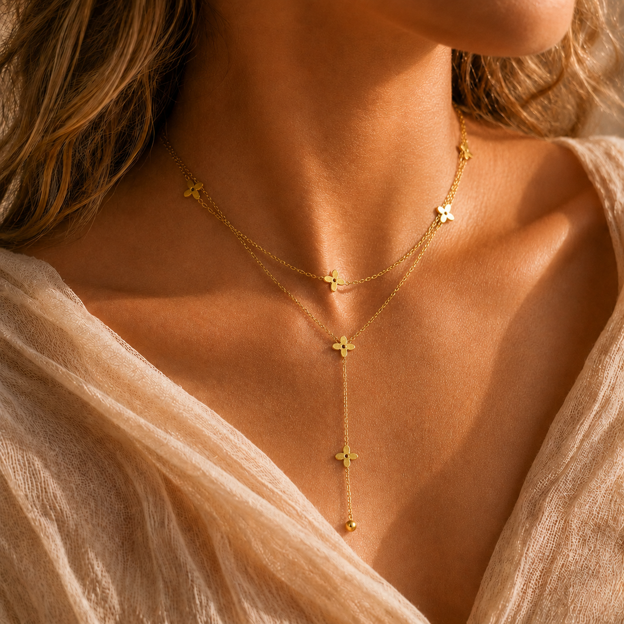 Collier Floréa – Double chaîne dorée & fleurs délicates
