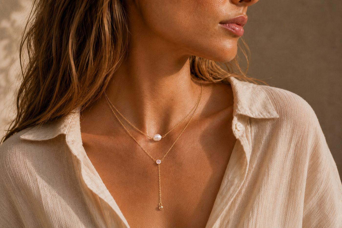 Collier Perle Nacrée – Double chaîne dorée, perle & pierre nacrée