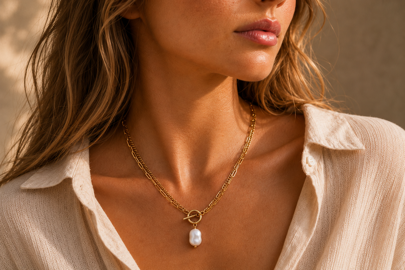 Collier Nacréa – Double chaîne dorée & perle nacrée