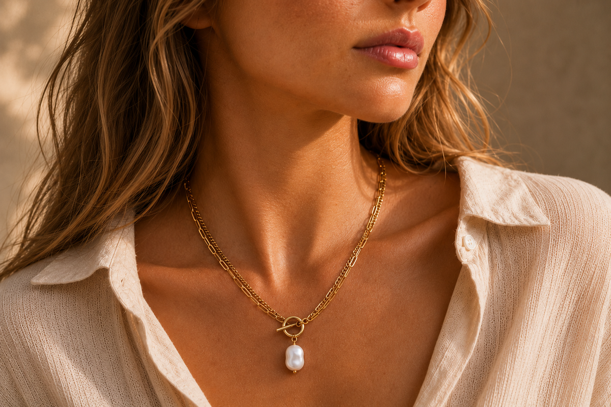 Collier Nacréa – Double chaîne dorée & perle nacrée