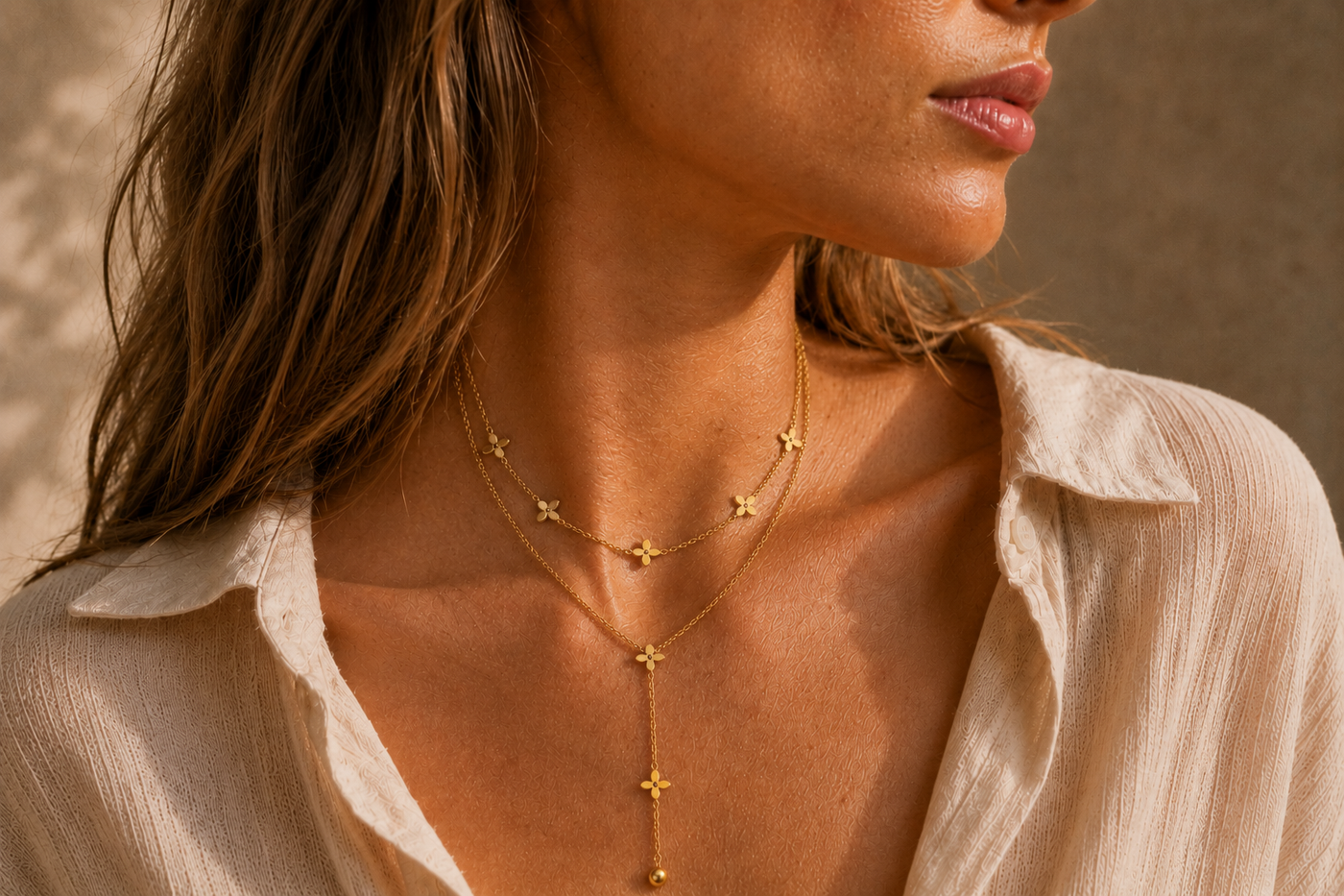 Collier Floréa – Double chaîne dorée & fleurs délicates