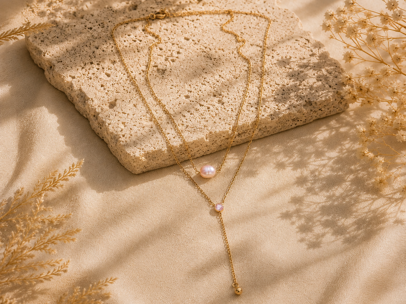 Collier Perle Nacrée – Double chaîne dorée, perle & pierre nacrée