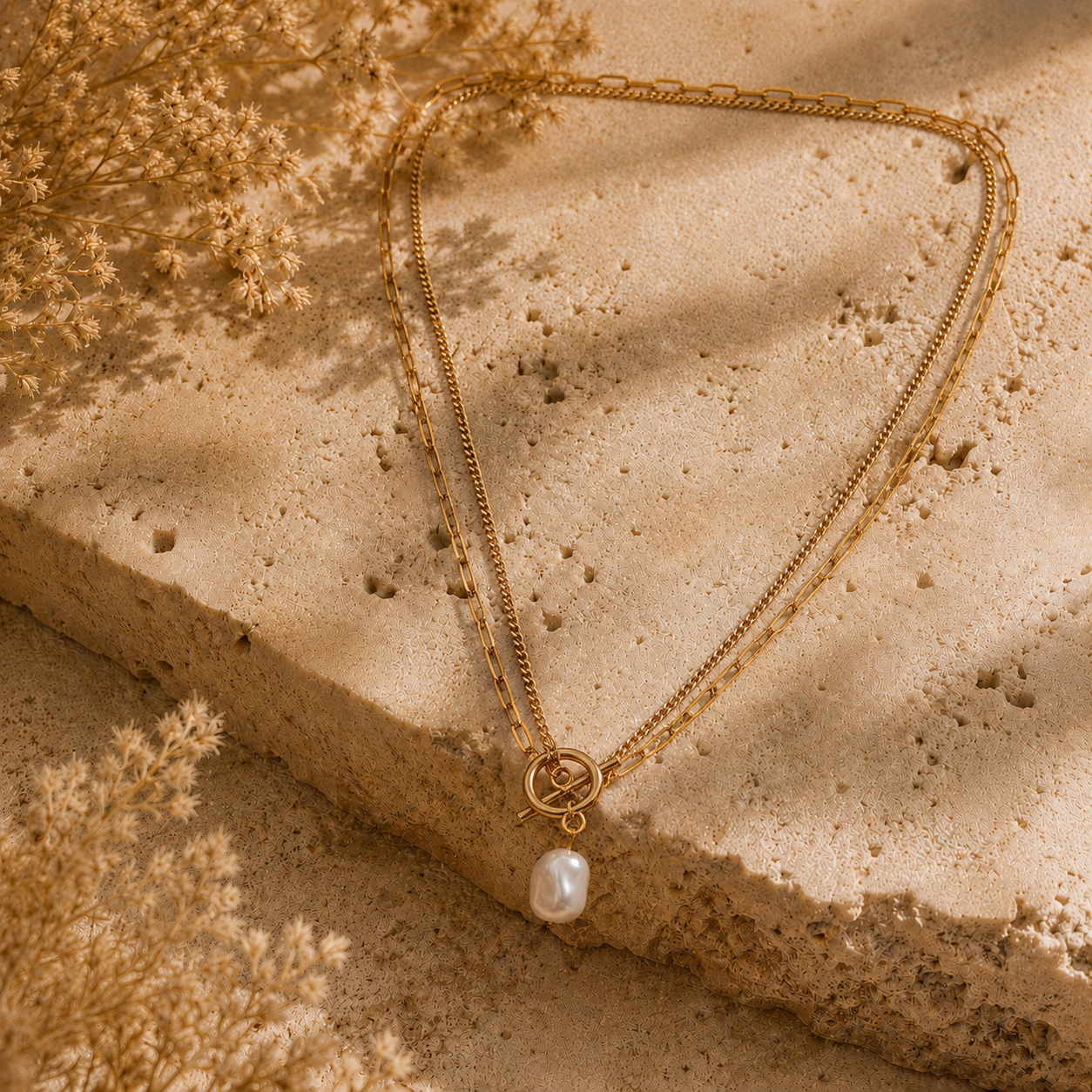 Collier Nacréa – Double chaîne dorée & perle nacrée