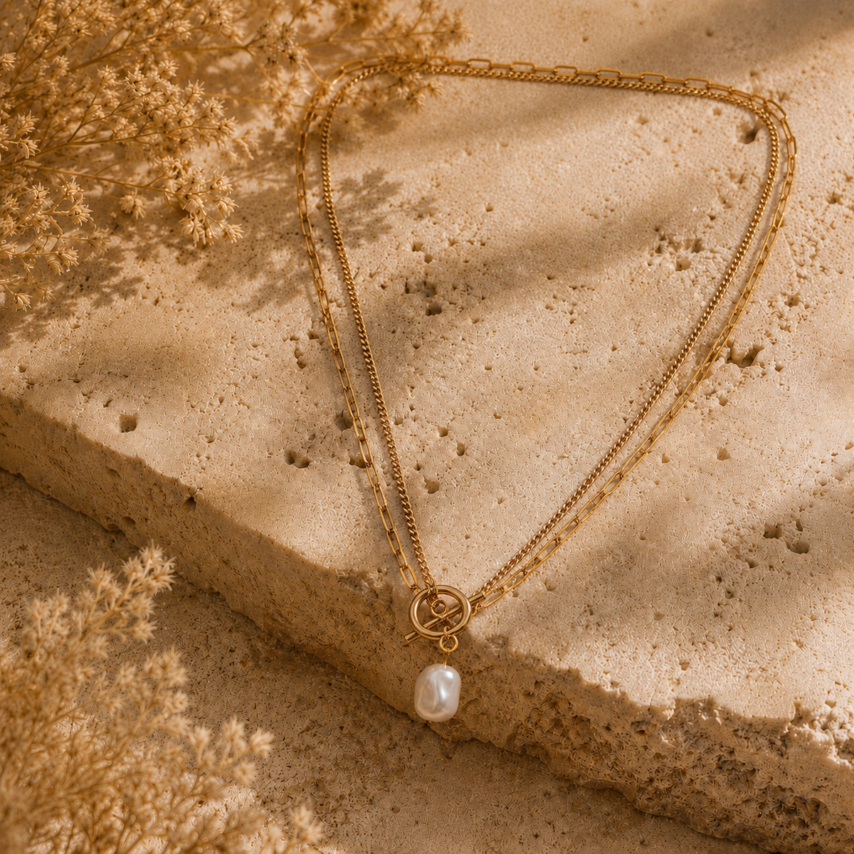 Collier Nacréa – Double chaîne dorée & perle nacrée