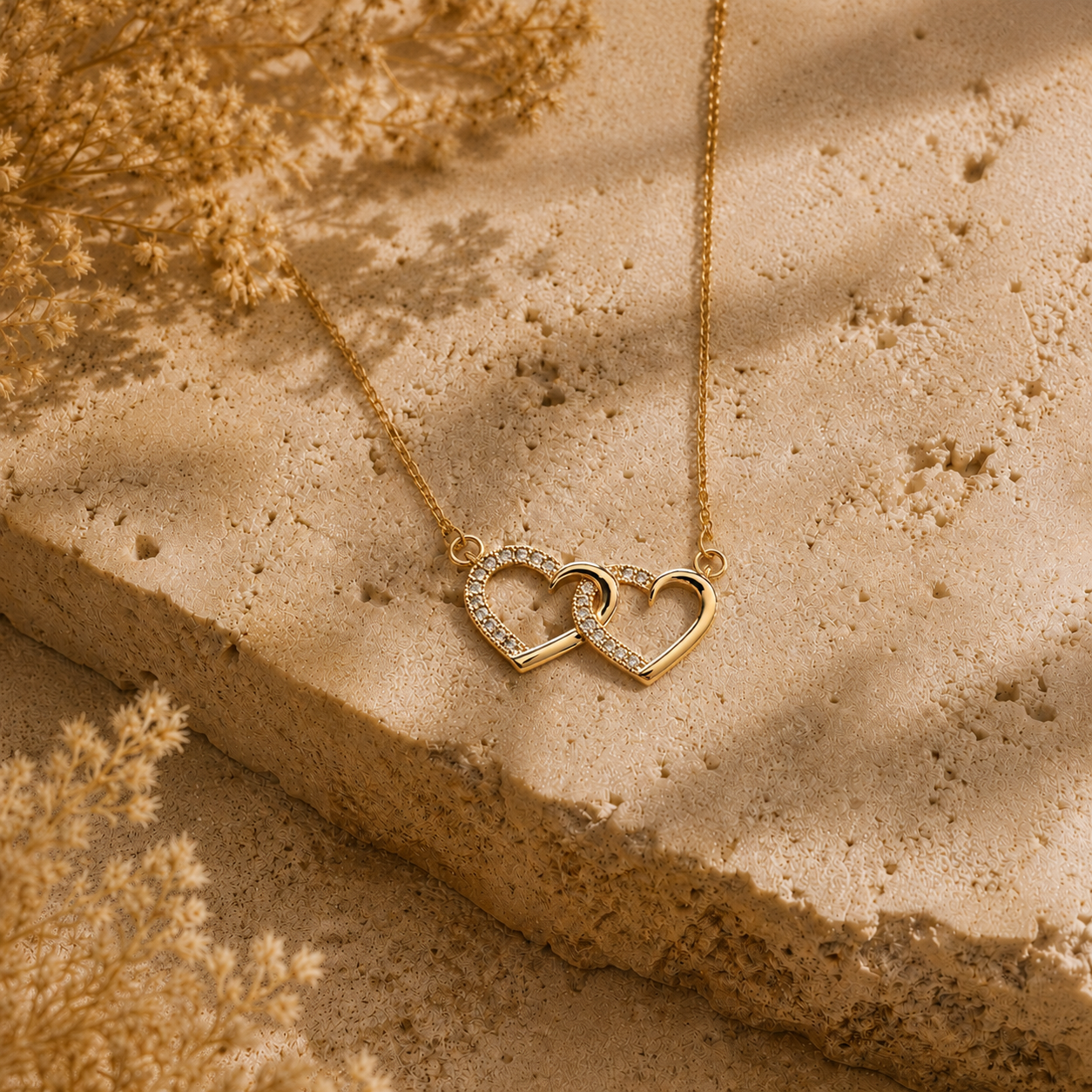 Collier Cœurs Entrelacés –  Double Cœurs dorés & éclats lumineux