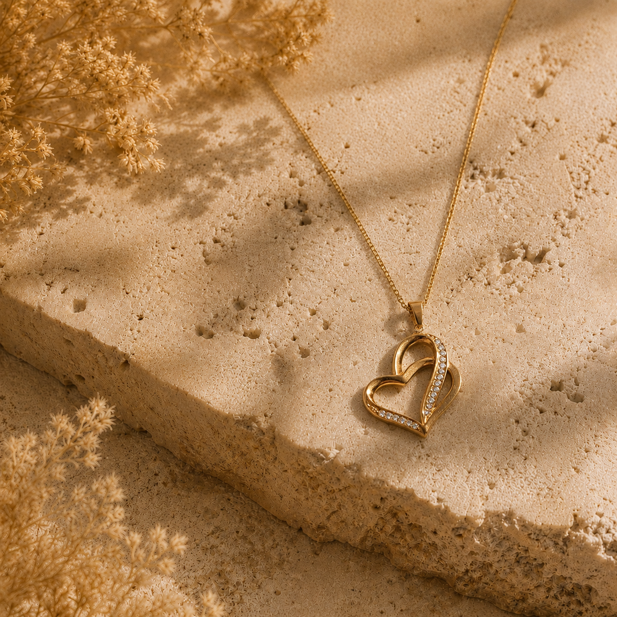 Collier Cœurs Liés – Pendentif double cœur doré & éclats lumineux
