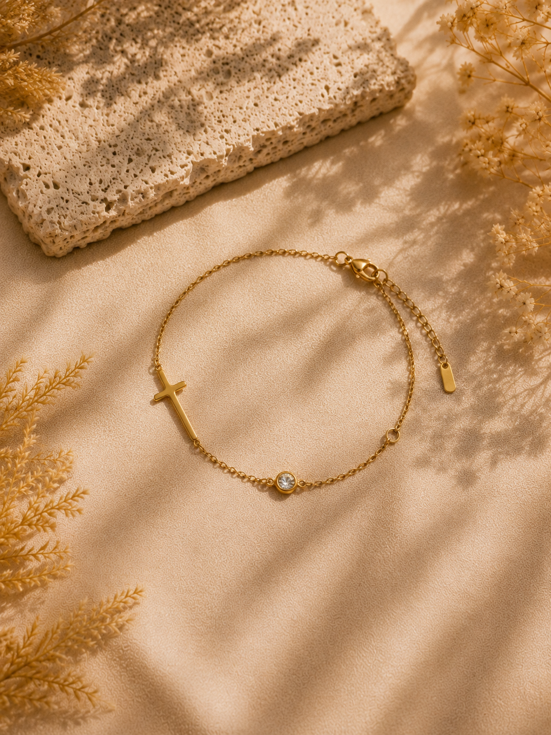 Bracelet Croix de Lumière – Chaîne dorée & éclat cristallin