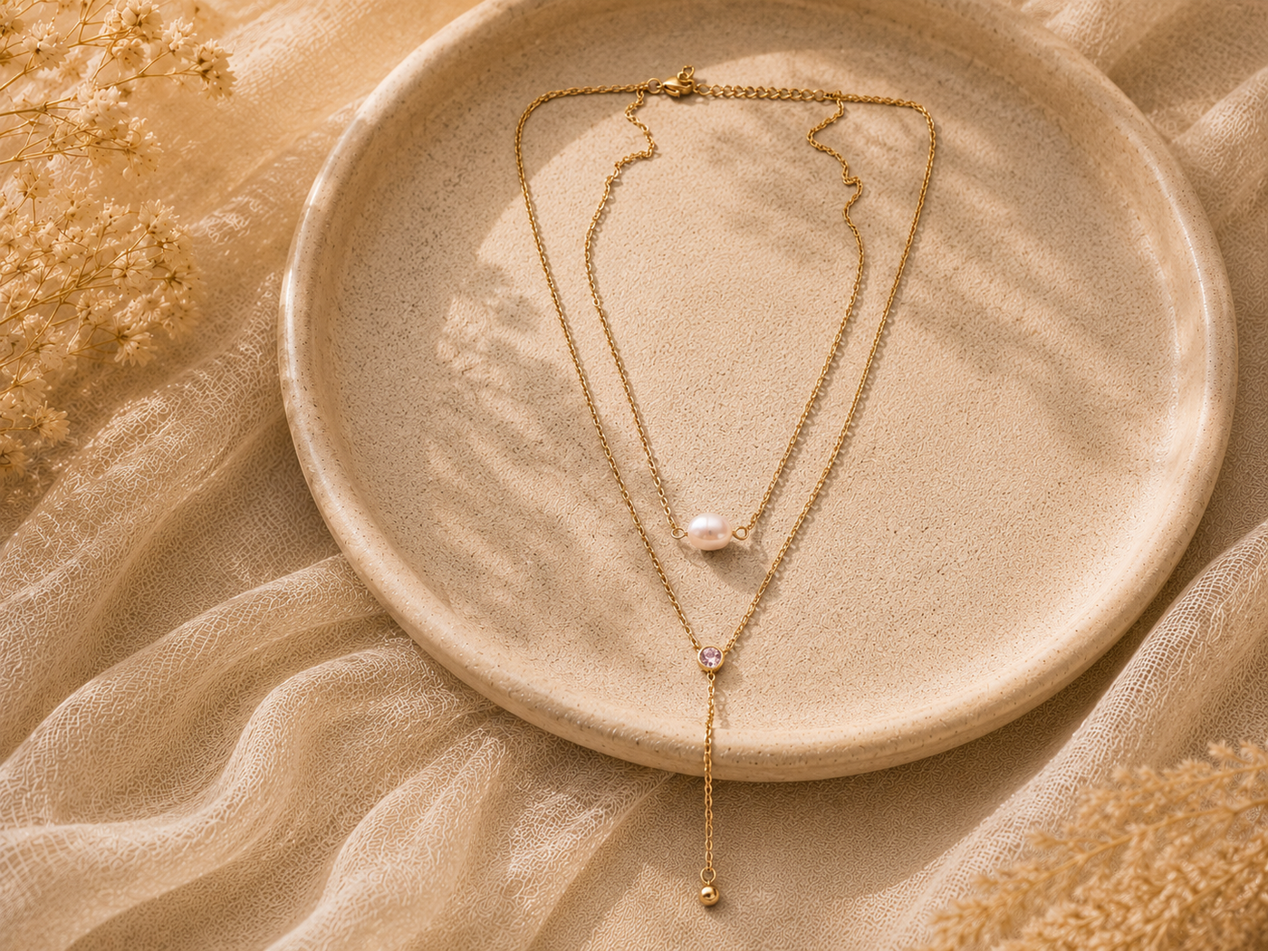 Collier Perle Nacrée – Double chaîne dorée, perle & pierre nacrée