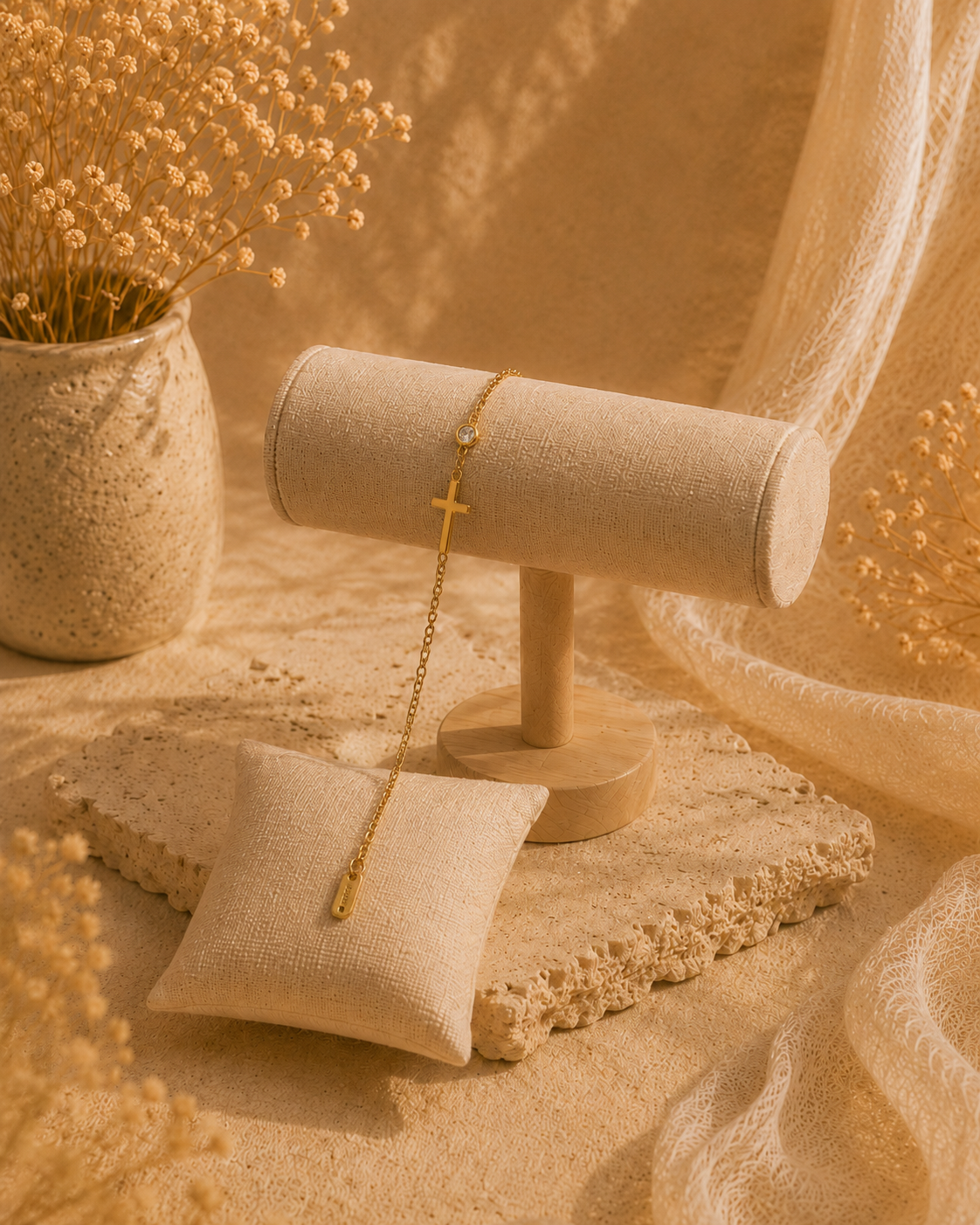Bracelet Croix de Lumière – Chaîne dorée & éclat cristallin