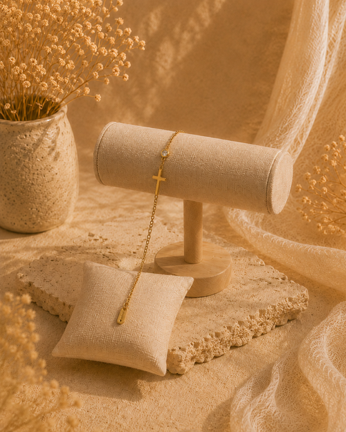 Bracelet Croix de Lumière – Chaîne dorée & éclat cristallin