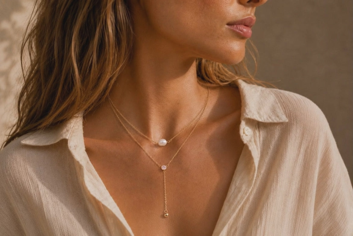Collier Perle Nacrée – Double chaîne dorée, perle & pierre nacrée